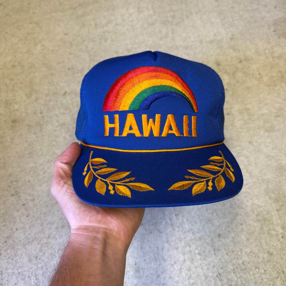 Vintage 80's Hawaii Big Rainbow Blue Gold Roper Trucker Snapback Hat Cap Retro
